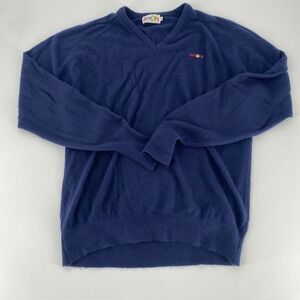 DIVOTS Mens Navy Blue V Neck Golf Sweater XL‎ Embroidered Logo Long Sleeve VTG